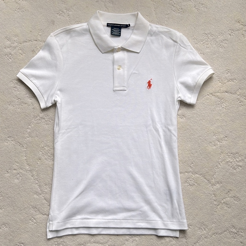 White Ralph Lauren Polo Short Sleeve Shirt w/Orange Embroidered Pony on Front